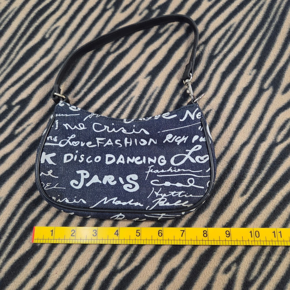 Vintage Y2K Chateau Denim Baguette Shoulder Bag Graffiti Print Dark Wash Blue